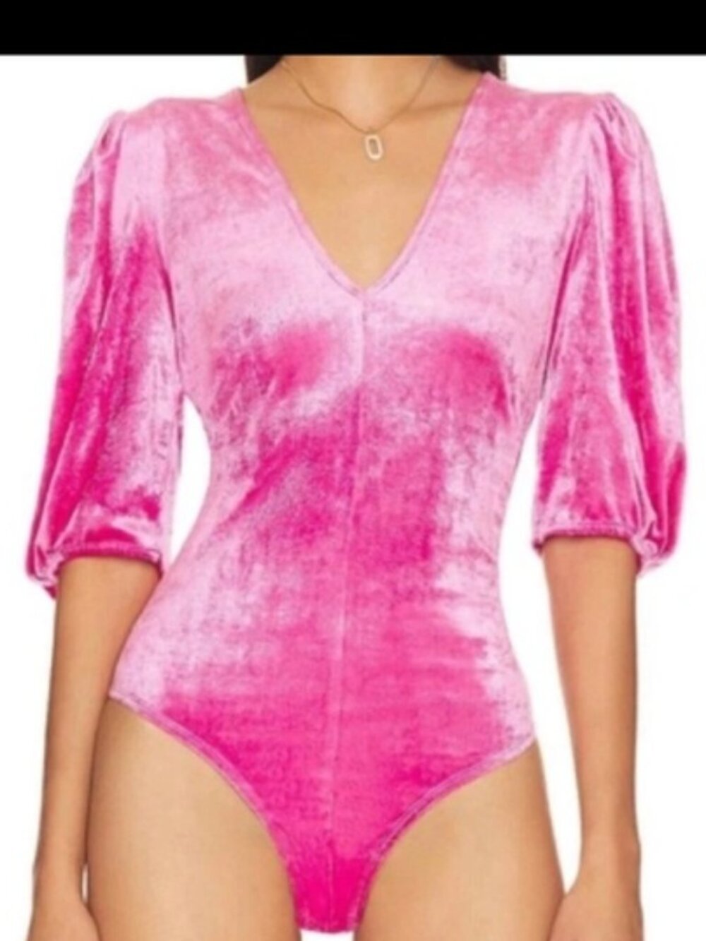 Free People Crushed Velvet Puff‑Sleeve Bodysuit – Pink Phenom – XS